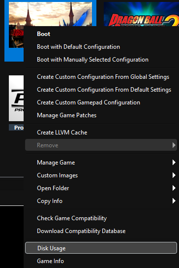 RPCS3 Disk Usage Menu